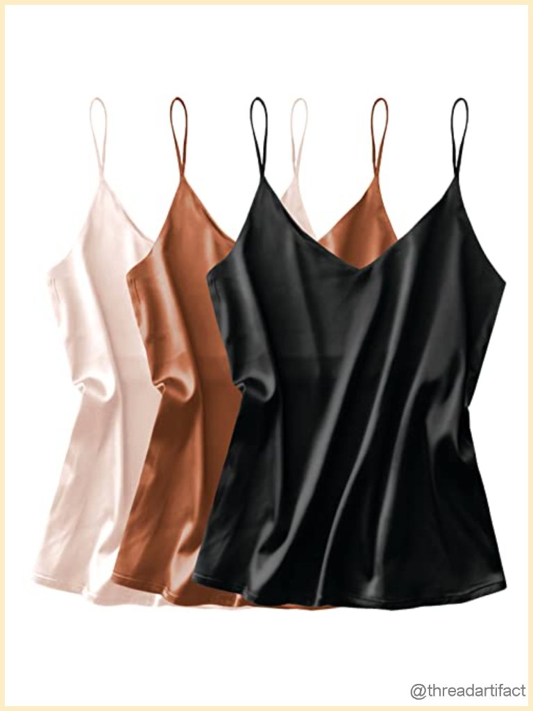 3 Pack Silk Satin V Neck Cami Tanks Spaghetti Strap Loose Fit Blouse Top